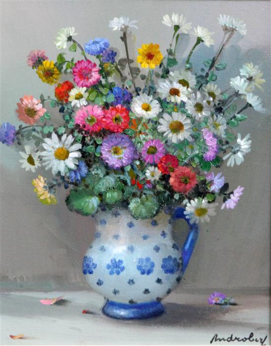 André Robert, oil, Flowers for a blue and white vase(-)